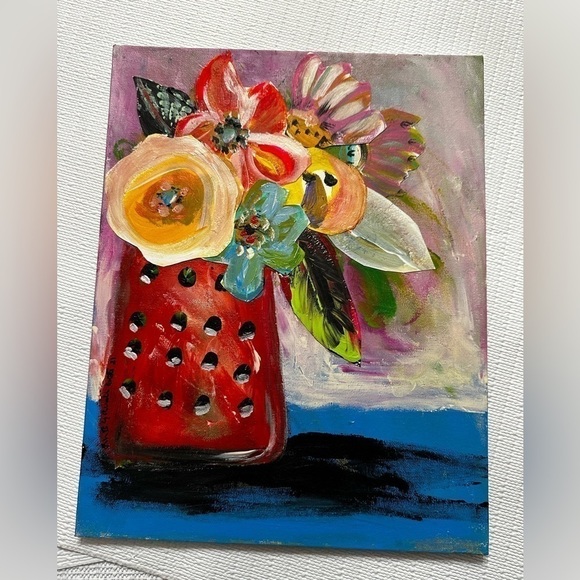 Original Art Painting Mixed Media Acrylic Collage on Canvas Board Red Floral - Picture 10 of 12